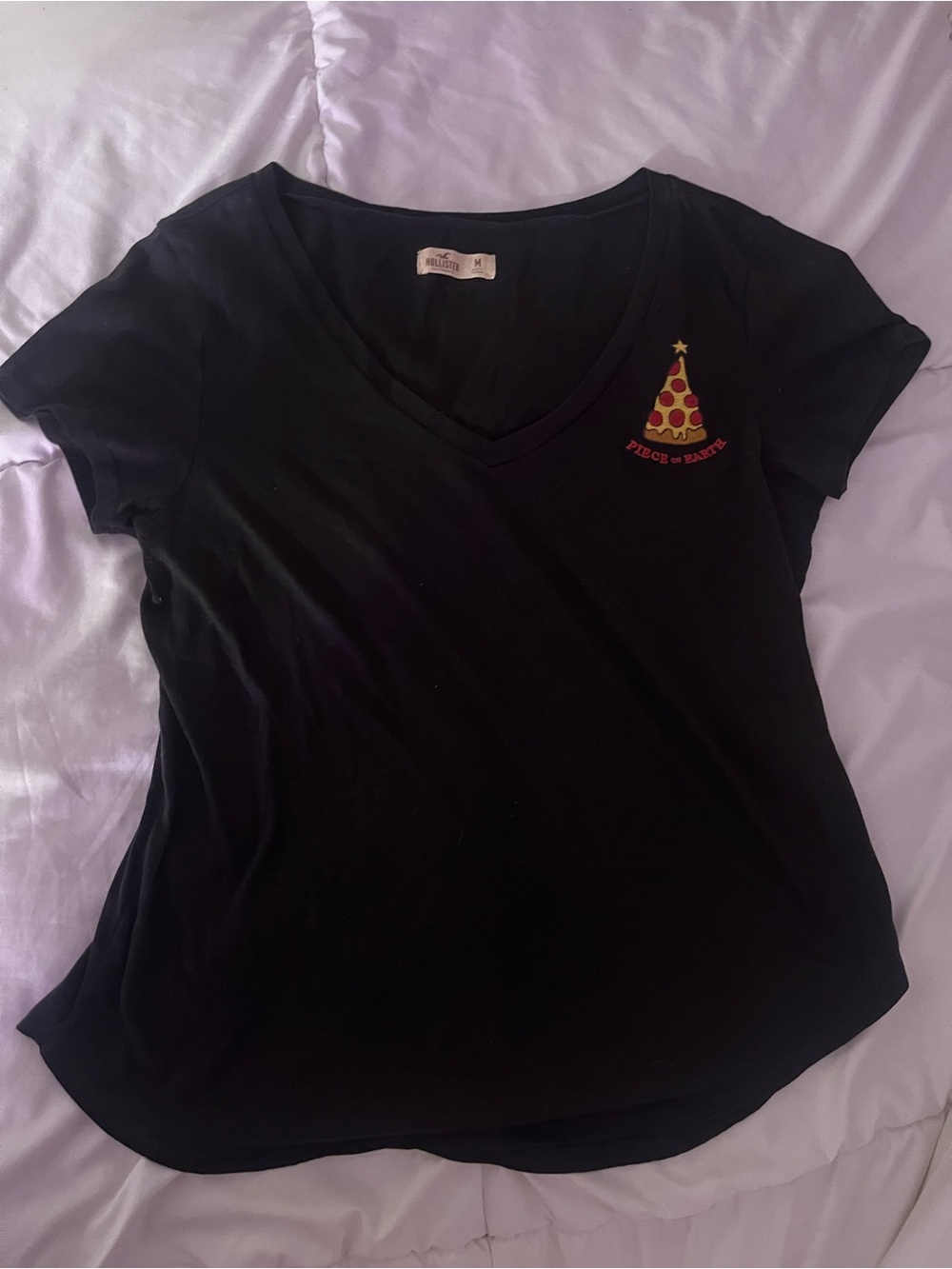 Hollister Black V-Neck Tee with Pizza Christmas Embroidery